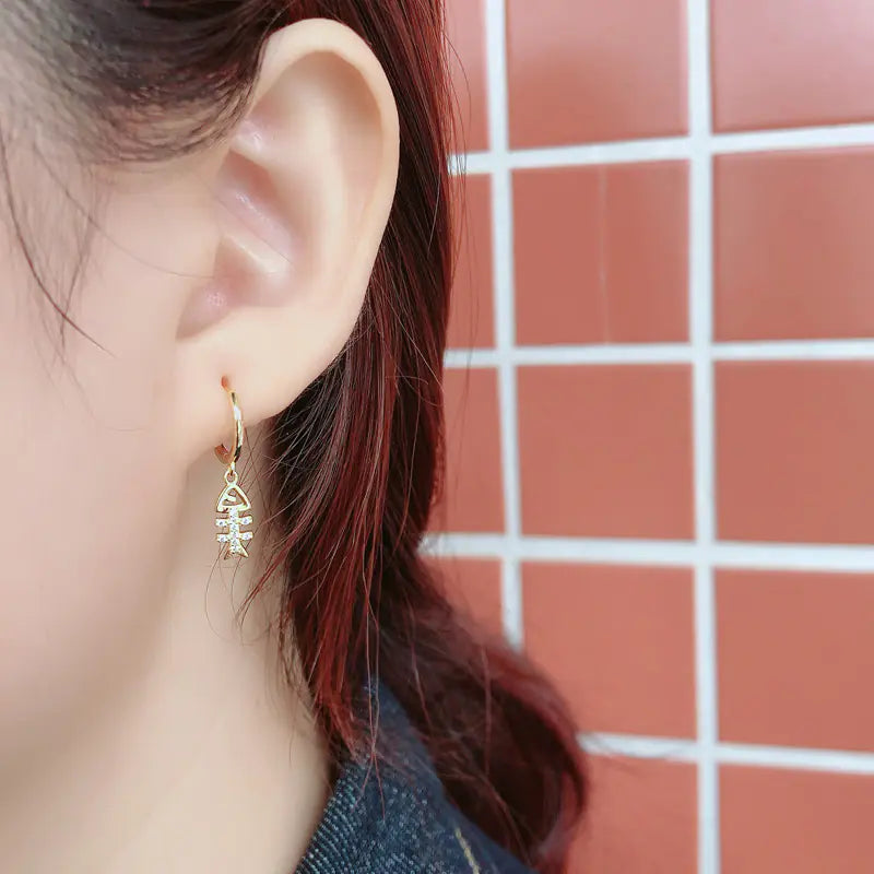 Silver Fishbone Earrings with Diamond Accents