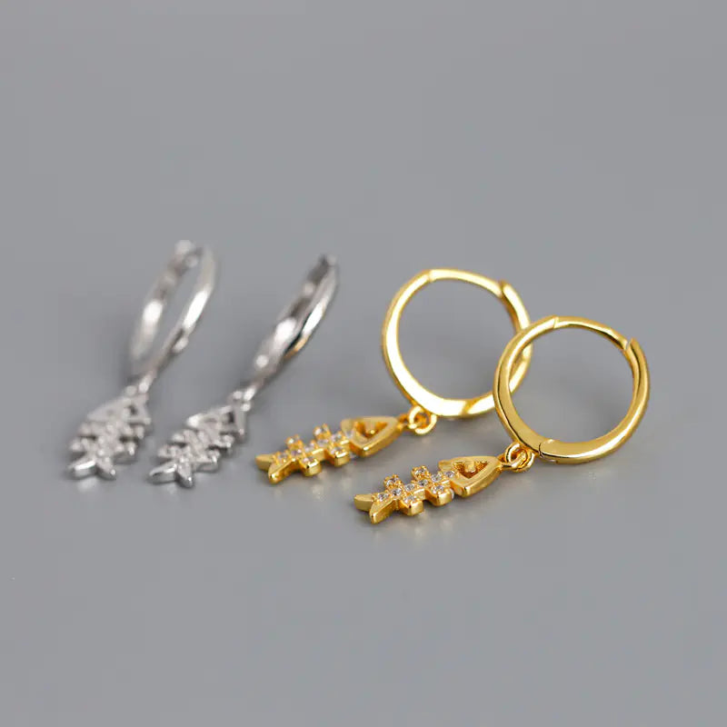 Silver Fishbone Earrings with Diamond Accents
