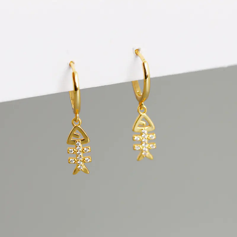 Silver Fishbone Earrings with Diamond Accents