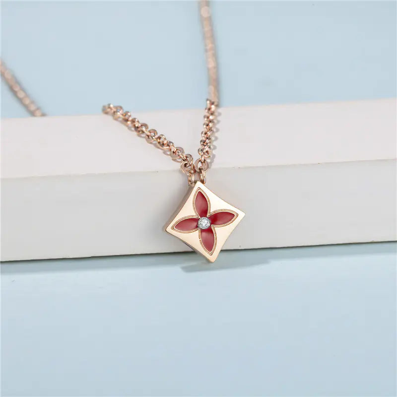 Titanium Steel Diamond Necklace with Floral Design
