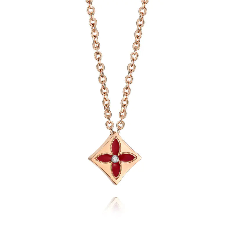 Titanium Steel Diamond Necklace with Floral Design