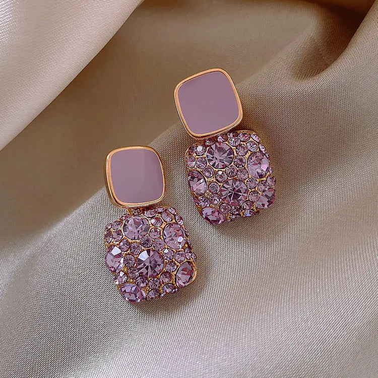 Silver Retro Purple Square Diamond Earrings