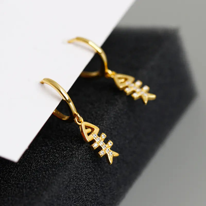 Silver Fishbone Earrings with Diamond Accents