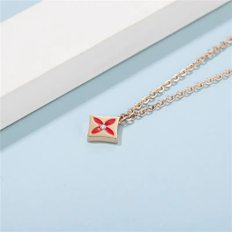 Titanium Steel Diamond Necklace with Floral Design
