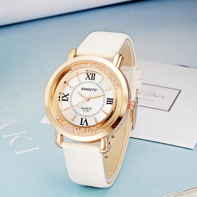Liquid Sand Diamond Quartz Watch including Waterproof Leather Strap