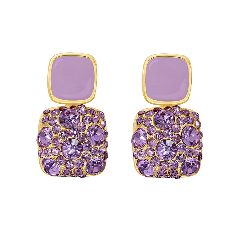 Silver Retro Purple Square Diamond Earrings