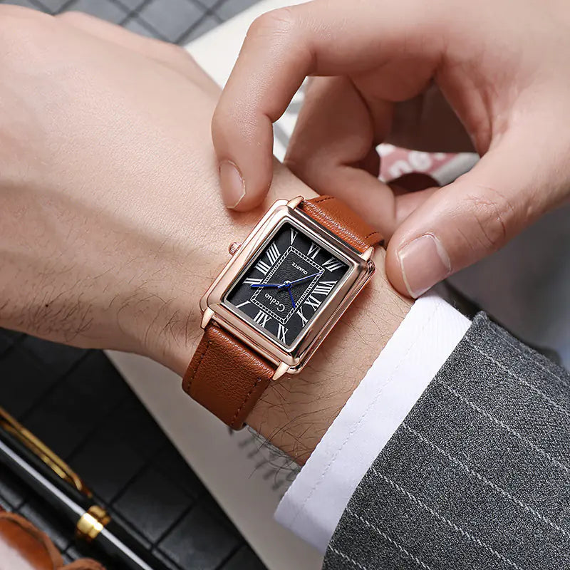 Luxury Square Business Men's Watch with Leather Strap