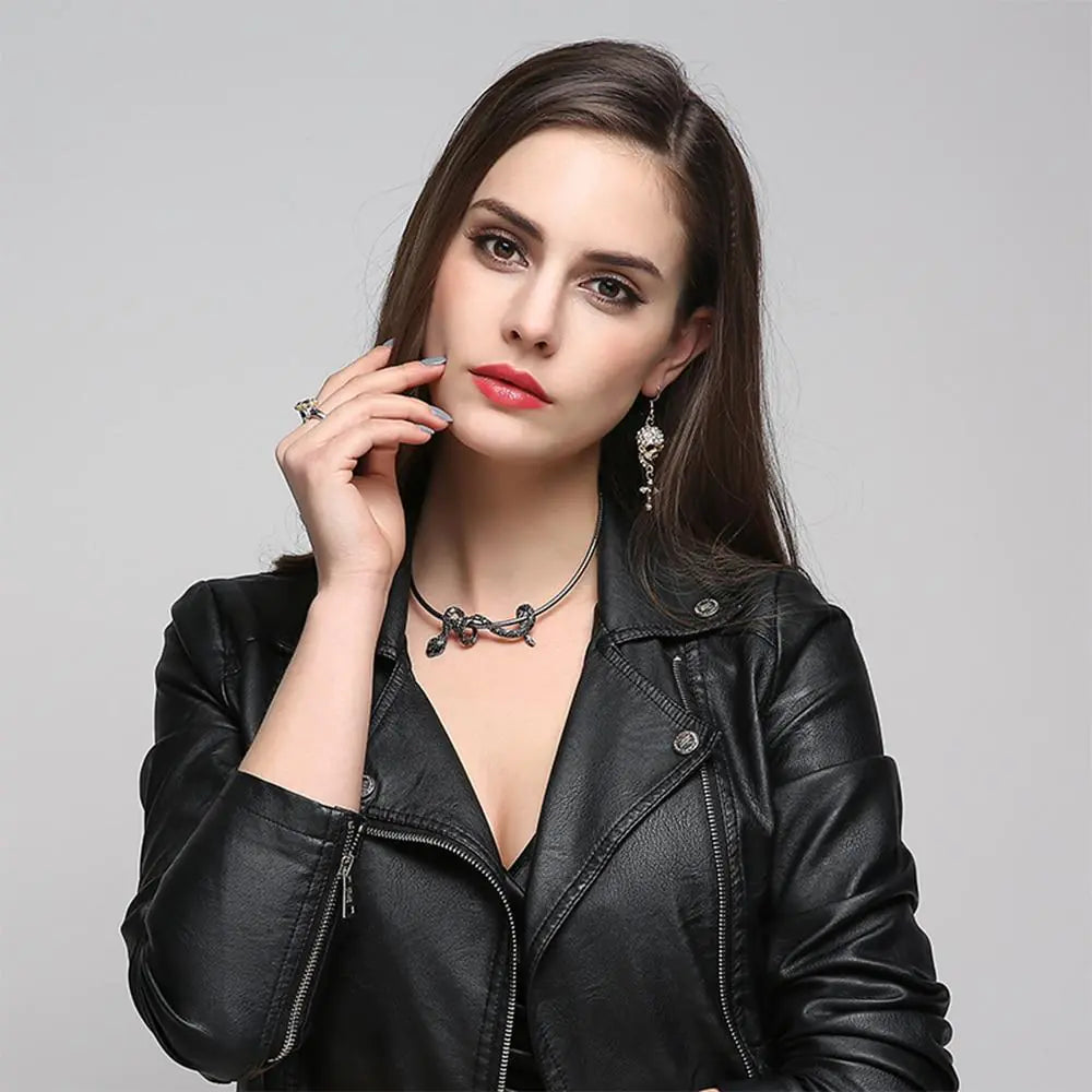Diamond-Encrusted Snake Collar and Silver Necklace