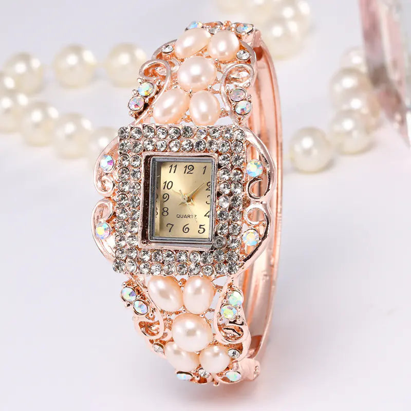 Pearl & Diamond Hollow Bangle Watch
