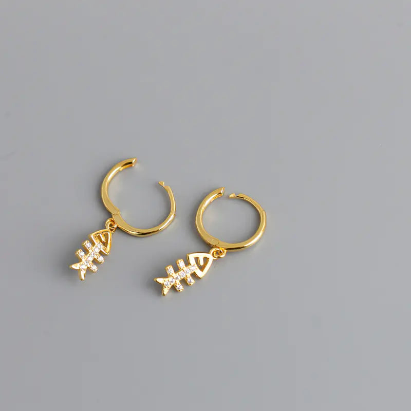 Silver Fishbone Earrings with Diamond Accents
