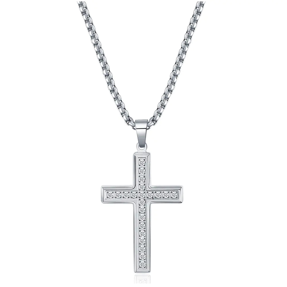 Diamond Cross Necklace in Stainless Steel