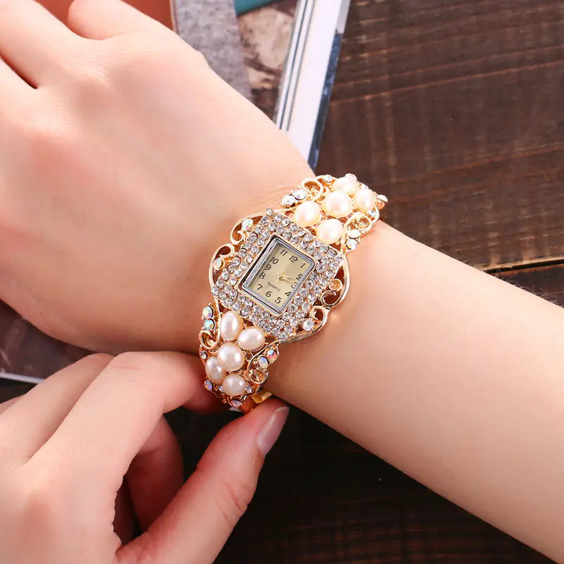 Pearl & Diamond Hollow Bangle Watch