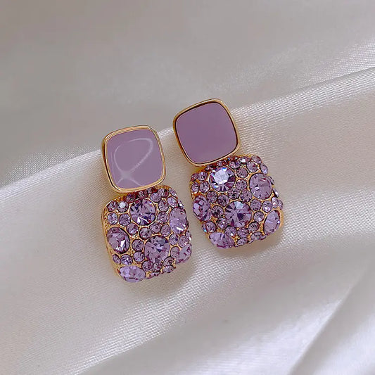 Silver Retro Purple Square Diamond Earrings