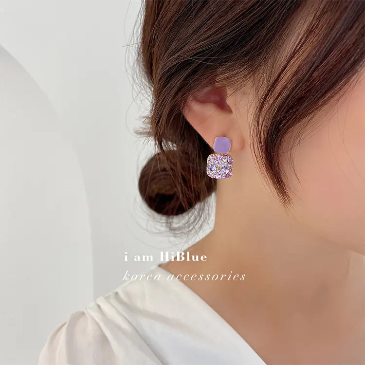 Silver Retro Purple Square Diamond Earrings