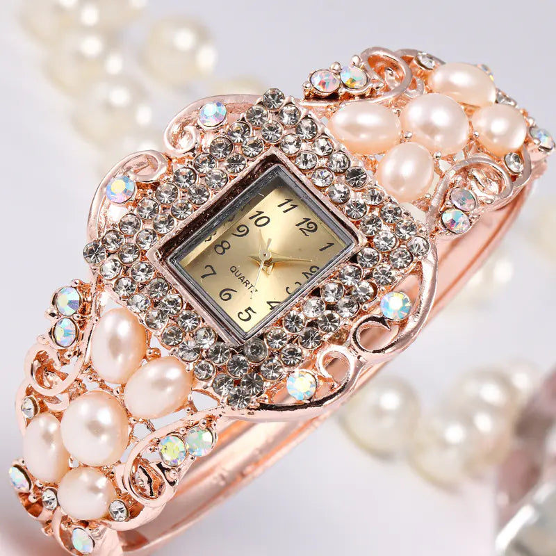 Pearl & Diamond Hollow Bangle Watch