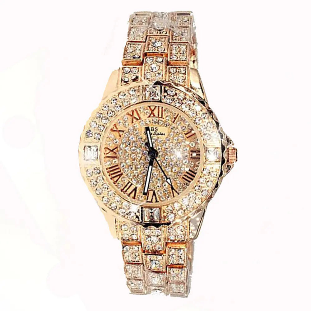 Luxury Quartz Watch with Roman Numerals and Diamonds