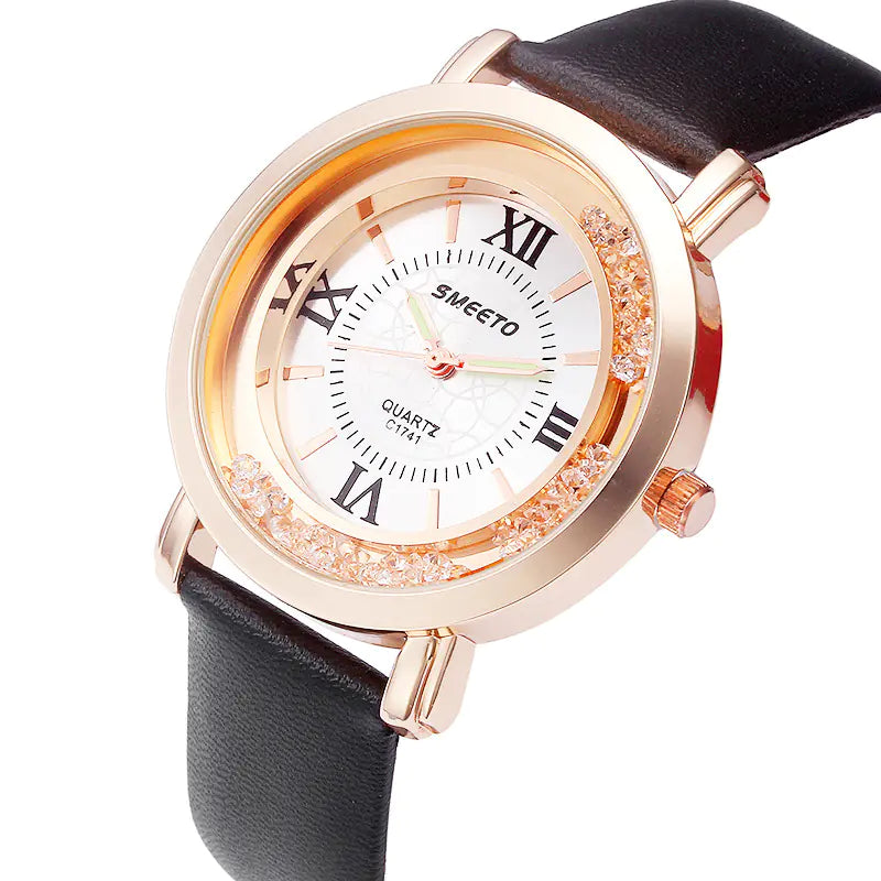 Liquid Sand Diamond Quartz Watch including Waterproof Leather Strap