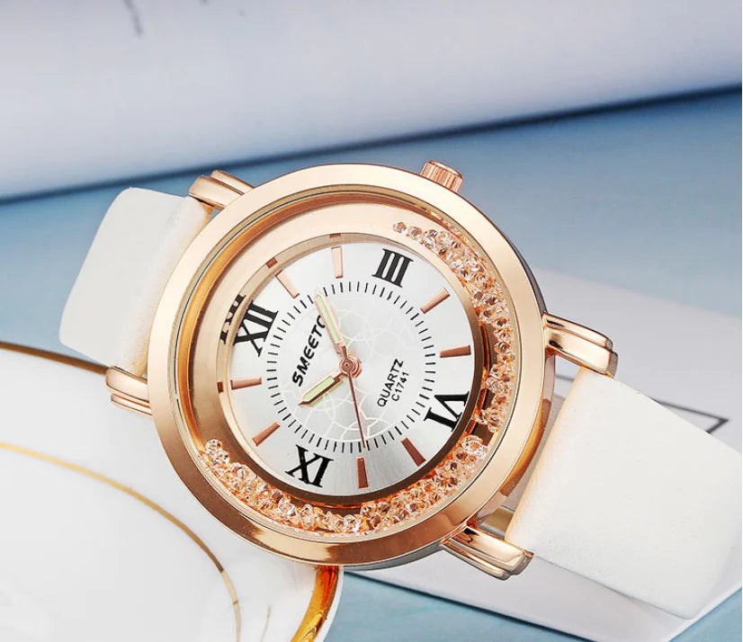 Liquid Sand Diamond Quartz Watch including Waterproof Leather Strap