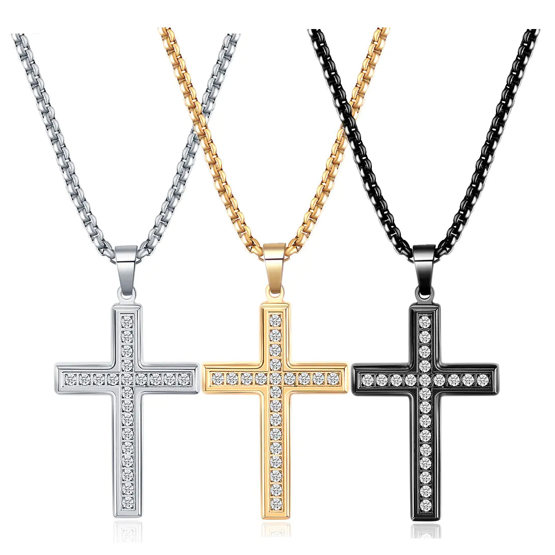 Diamond Cross Necklace in Stainless Steel