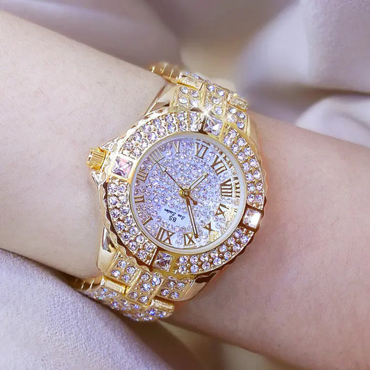 Luxury Quartz Watch with Roman Numerals and Diamonds
