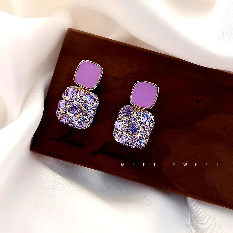 Silver Retro Purple Square Diamond Earrings
