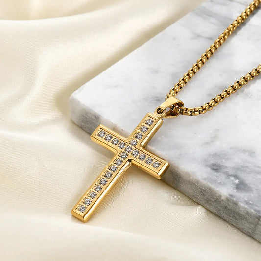 Diamond Cross Necklace in Stainless Steel
