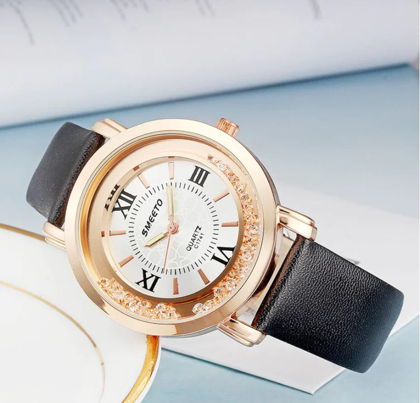 Liquid Sand Diamond Quartz Watch including Waterproof Leather Strap