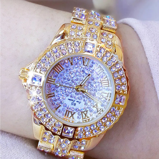 Luxury Quartz Watch with Roman Numerals and Diamonds