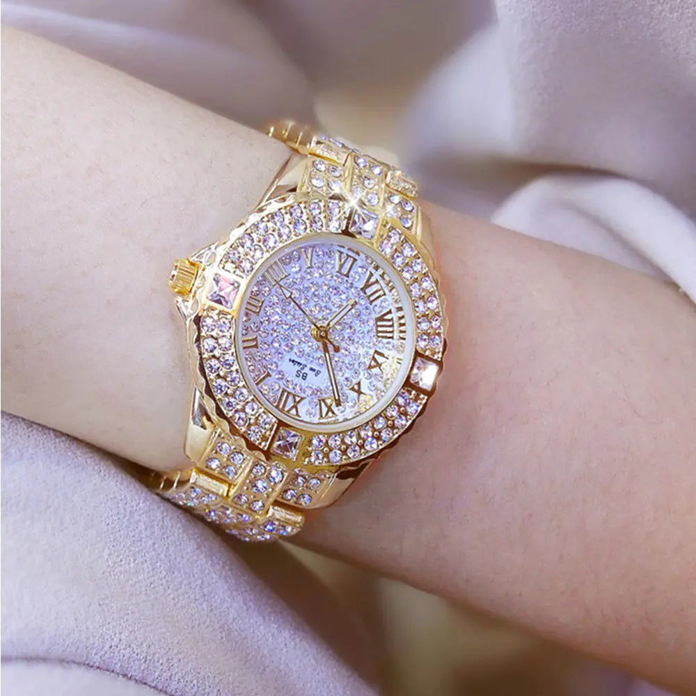 Luxury Quartz Watch with Roman Numerals and Diamonds