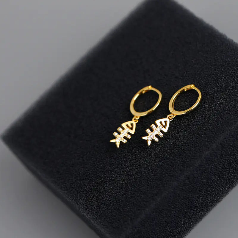Silver Fishbone Earrings with Diamond Accents
