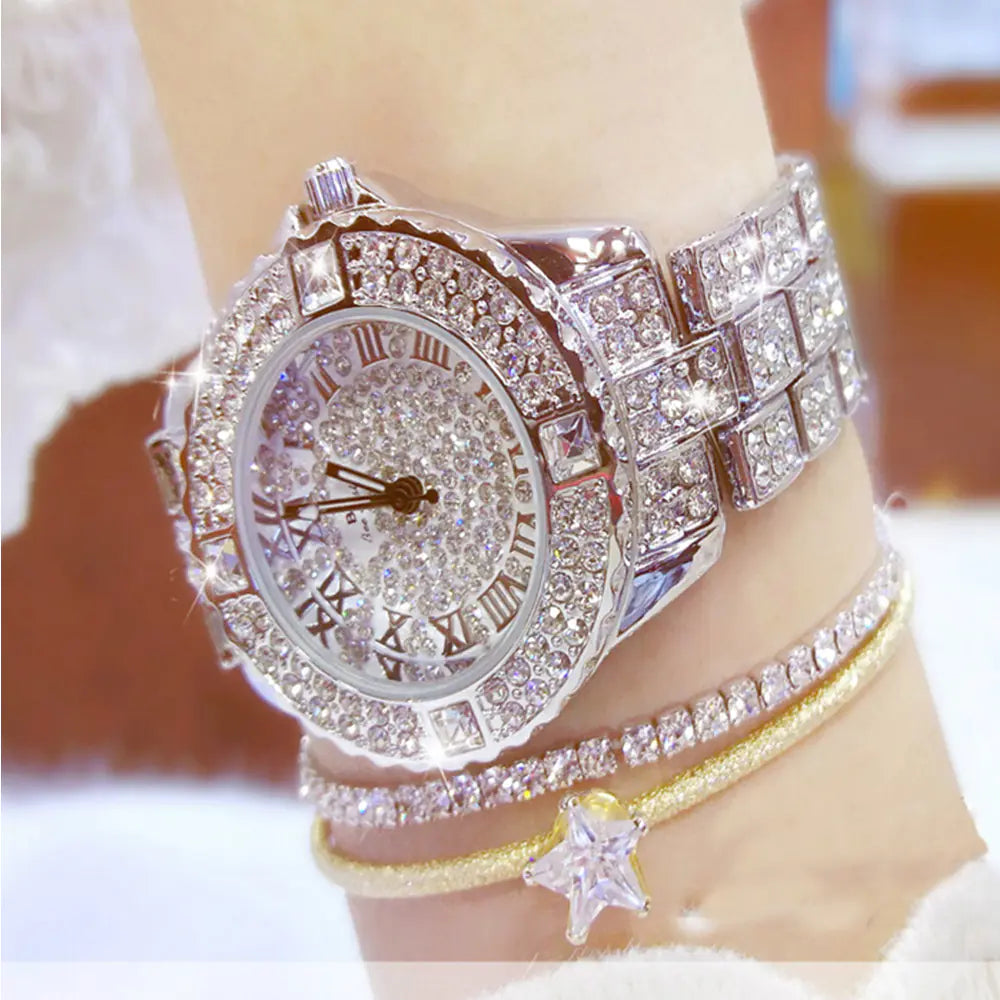 Luxury Quartz Watch with Roman Numerals and Diamonds