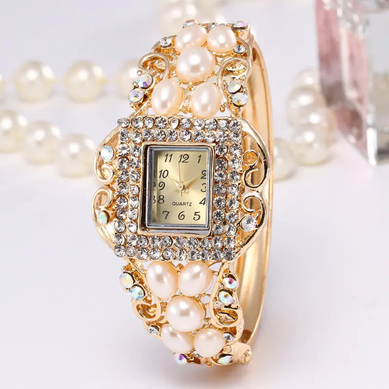 Pearl & Diamond Hollow Bangle Watch