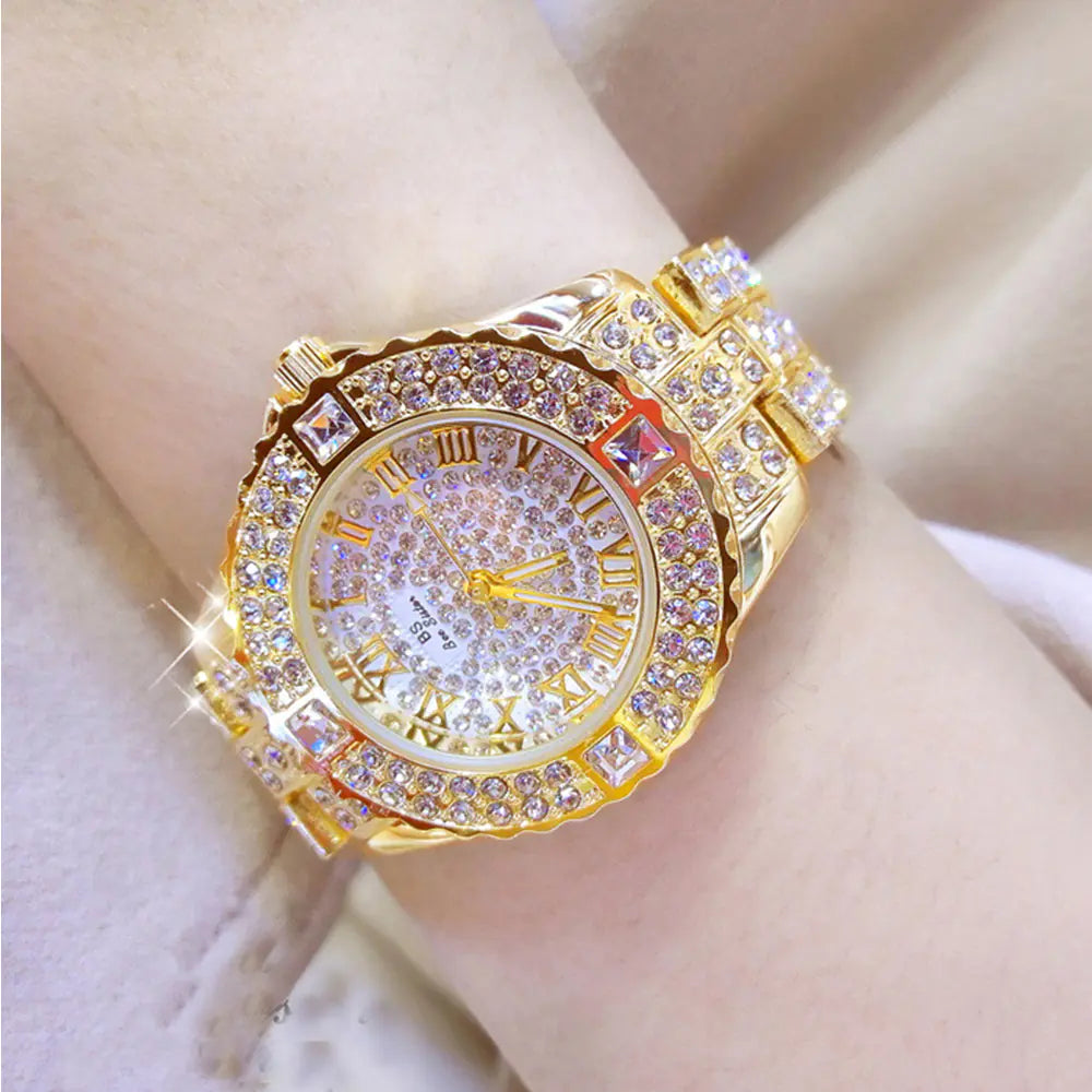 Luxury Quartz Watch with Roman Numerals and Diamonds